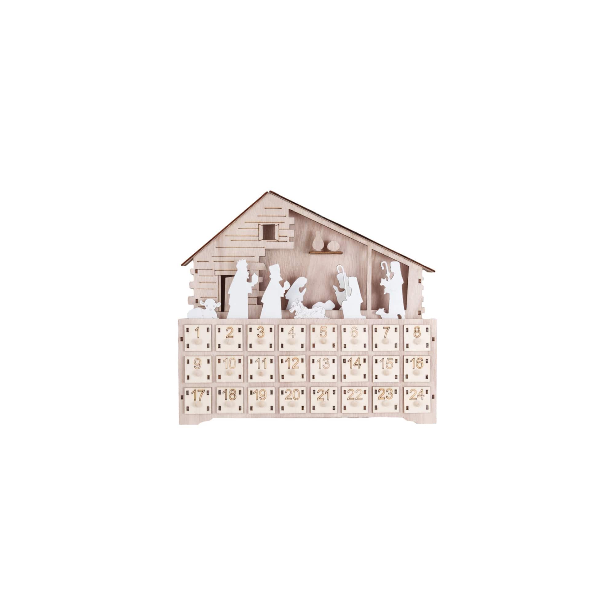Hello Honey® 13.5" Wood Laser-Cut Nativity Advent Calendar with LED Light & Drawers